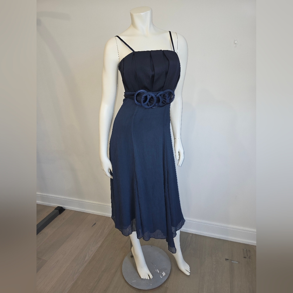 Rinascimento Navy Blue Midi Dress Corset Babydoll Statement Satin Belt S